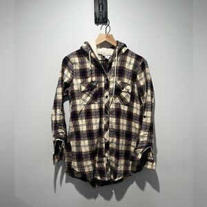 Full Tilt Plaid Multicolor Button Down Shirt with Sherpa Lined Hood M